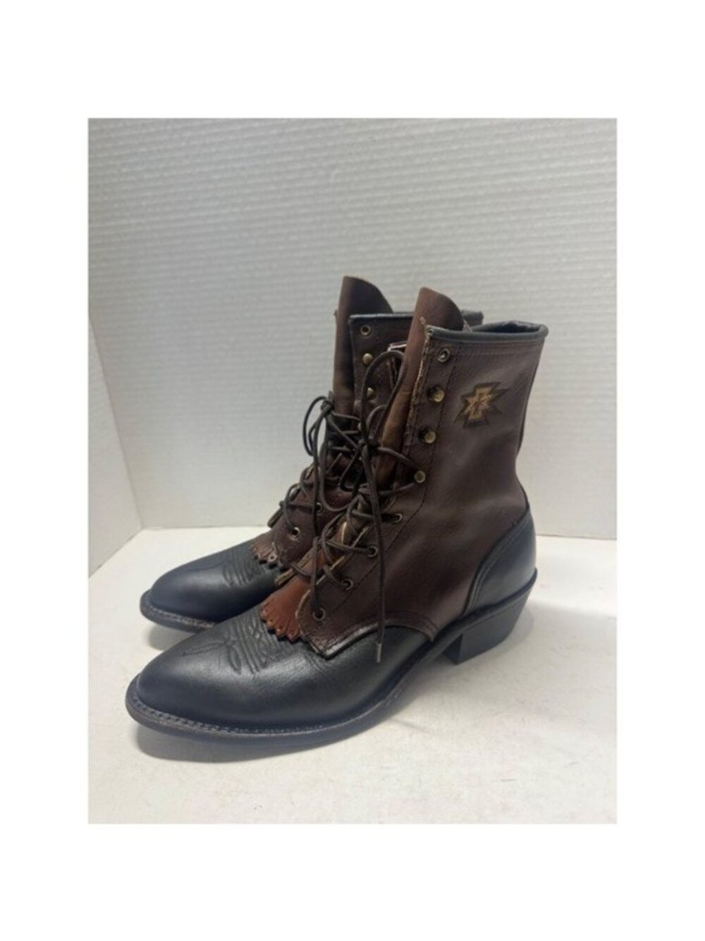 Vintage Abilene USA Made Brown Black Leather Lace Up Packer Boots Kiltie 8 M